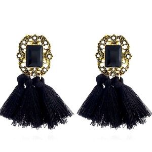 Gemstone Crystal Tassel Drop Earrings Women Color Black & Gold